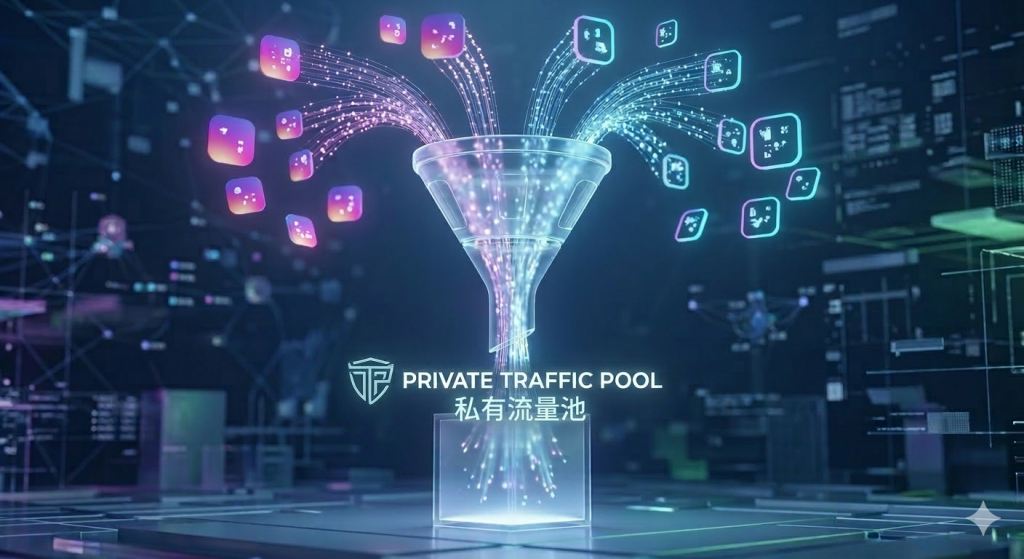 发光的转化漏斗将社交媒体图标和流量收集到带有私域流量池英文的盒子中，代表外贸企业数据沉淀与独立站闭环