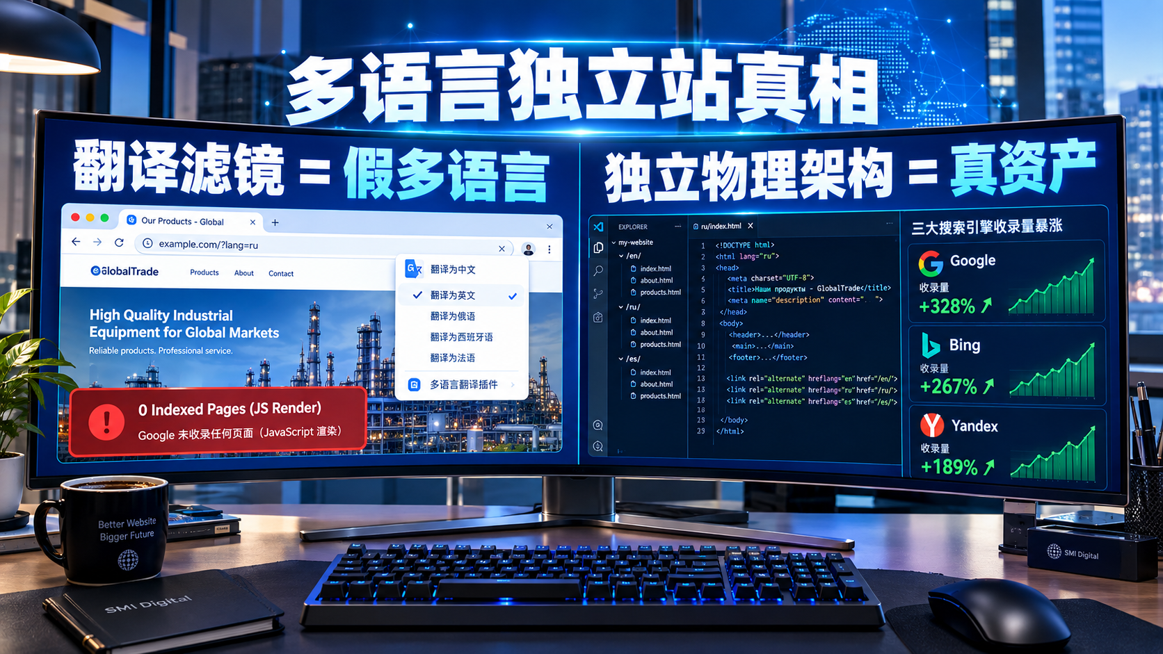 独立站翻译的区别：翻译滤镜 vs 独立语言框架，2026 Google + Yandex + Bing 的真SEO小语种页面到底该怎么做。（数觅国际数字科技 SMI Digital）