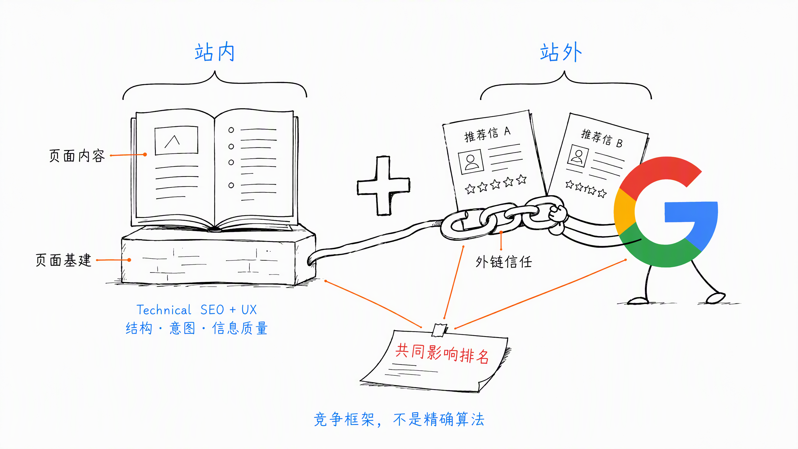 Google SEO 排名 = （页面内容 + 页面基建）+ 外链